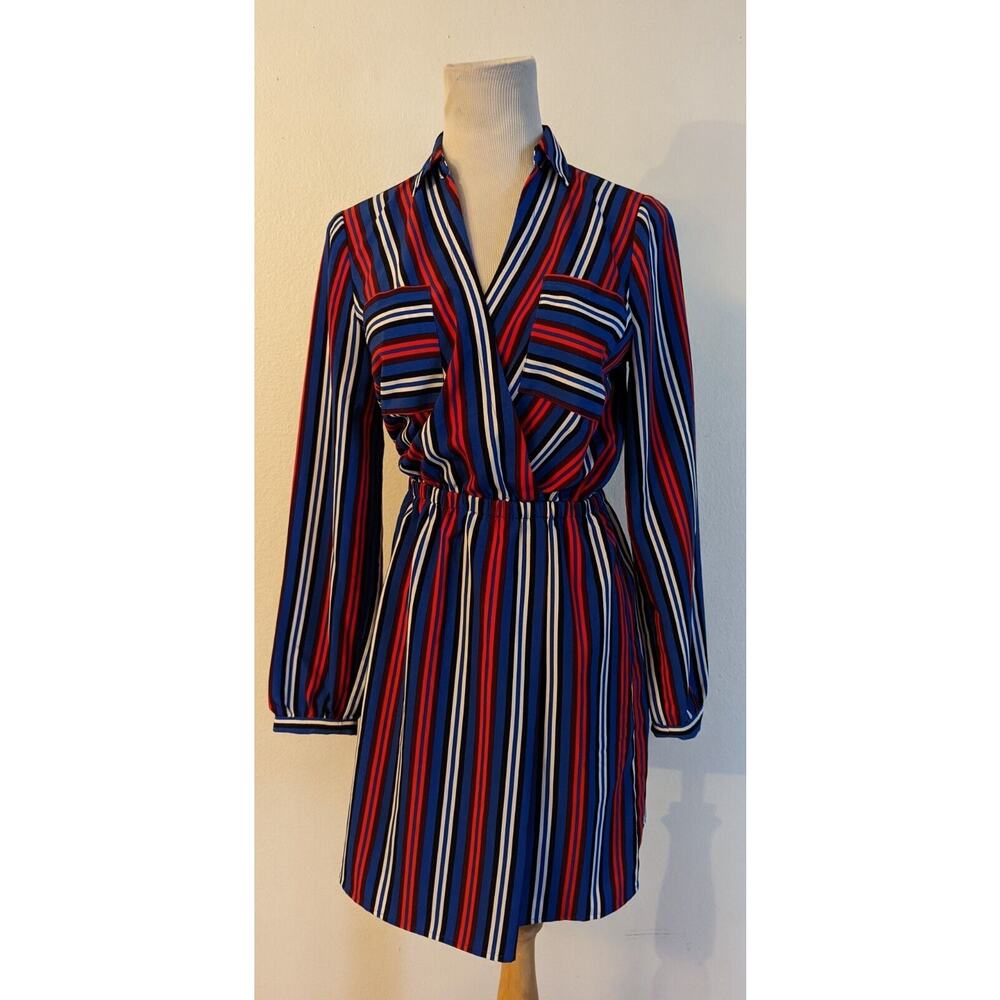 Express sz XS Faux Wrap Dress elastic waist multi color stripe design ls 2723